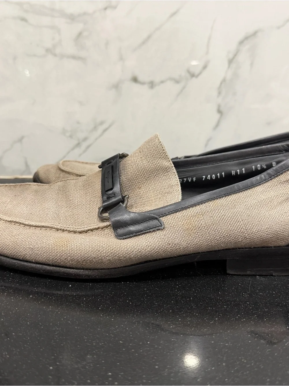 Salvatore Ferragamo Beige Canvas Loafers with Black Bit